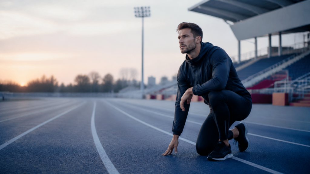 Focused athlete preparing on a running track at dawn