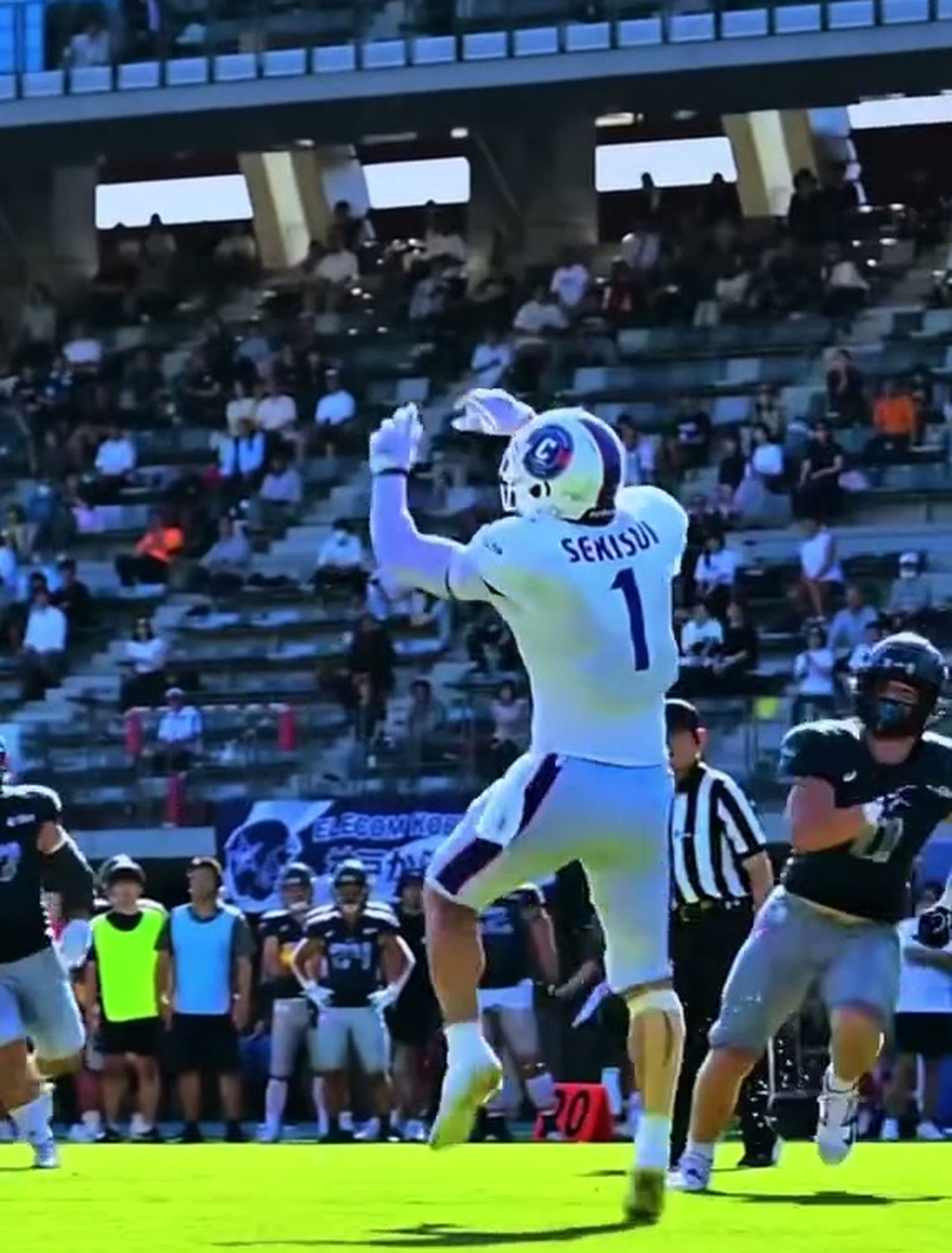 Boogie Knight, No. 1 for SEKISUI, elevating to catch a pass in front of a crowd in an X-League game